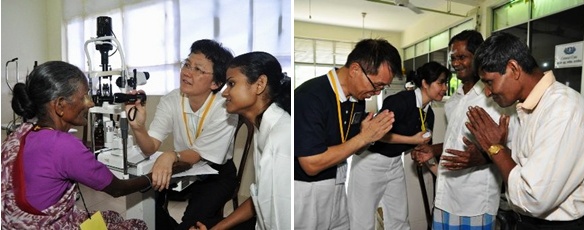 (Left photo) Doctor and assistant carefully examine the patient before the cataract surgery. (Right photo) After the check up, the father, who had surgery on the previous day, his son and volunteers are very grateful to each other. (Photo provided by Tzu Chi Foundation)
